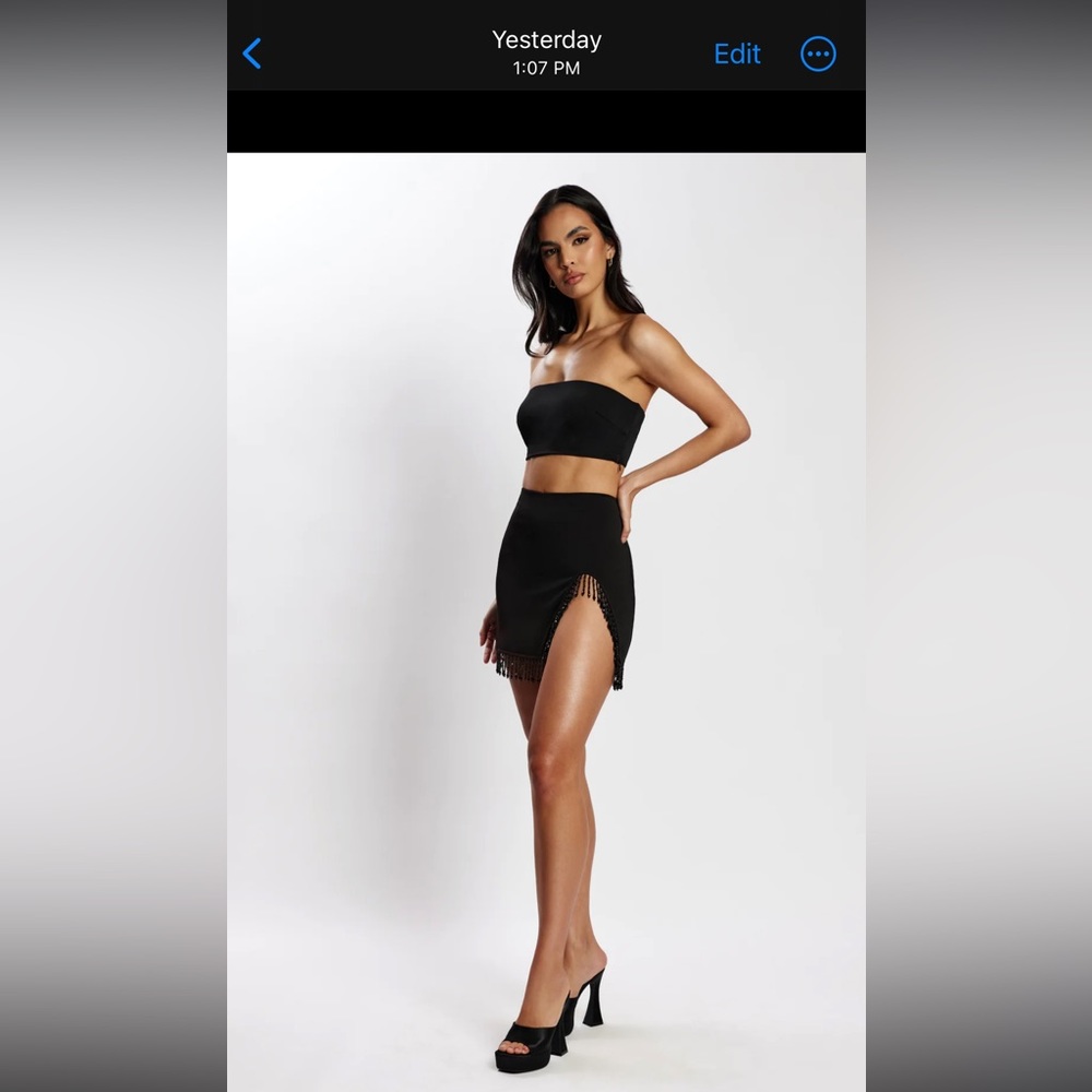 Meshki Black Mini Skirt with Side Slit and Fringe